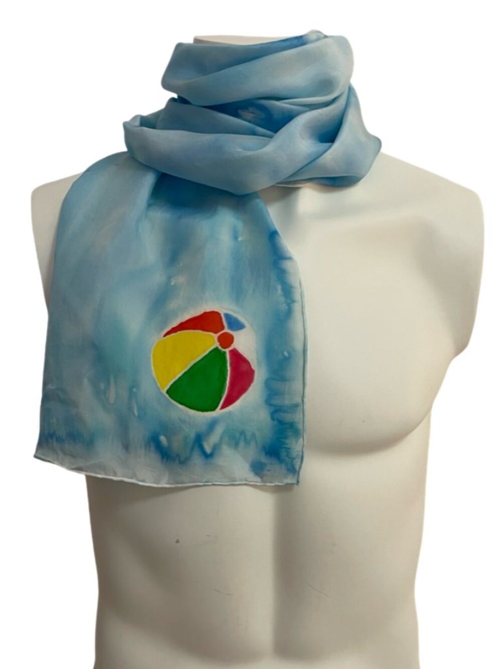 Blue Silk Scarf Beach Ball Print 11 x 58 Hand Rolled Edges
